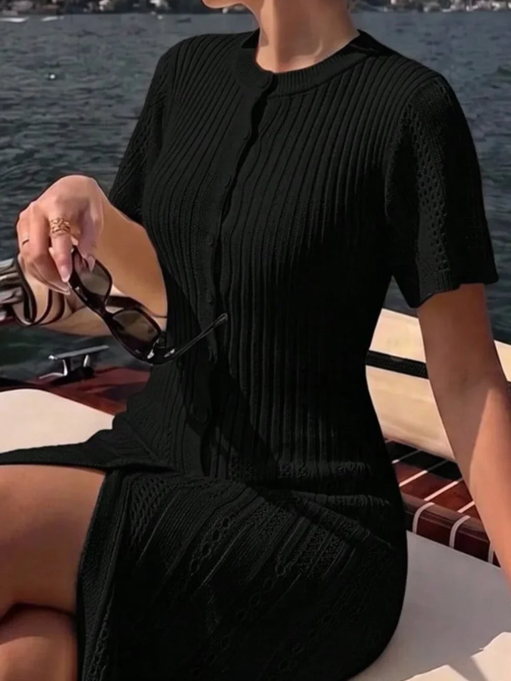 Black Elegant Women's Button Knit Short Sleeve Fishtail Skirt